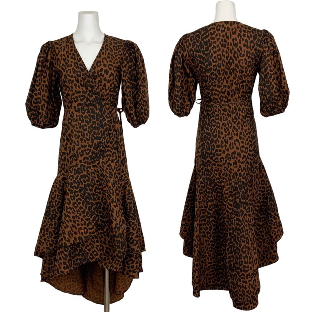 Ganni Poplin Wrap Dress 36 US/6 Leopard Print Toffee Asymmetrical